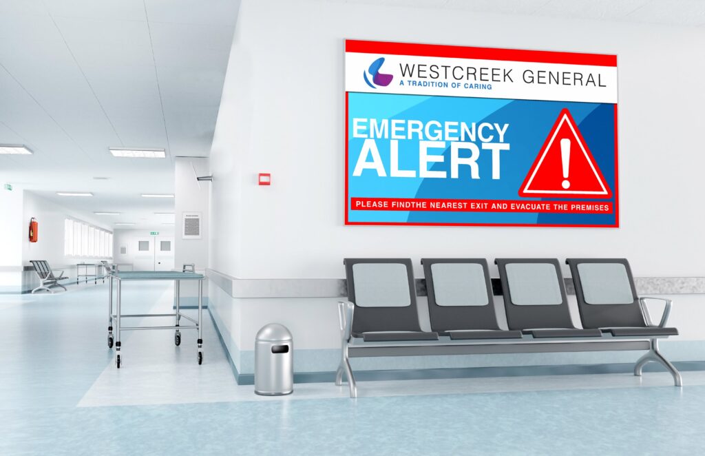 Hospital scene with a LoopScreen displaying an emergency alert prominently.